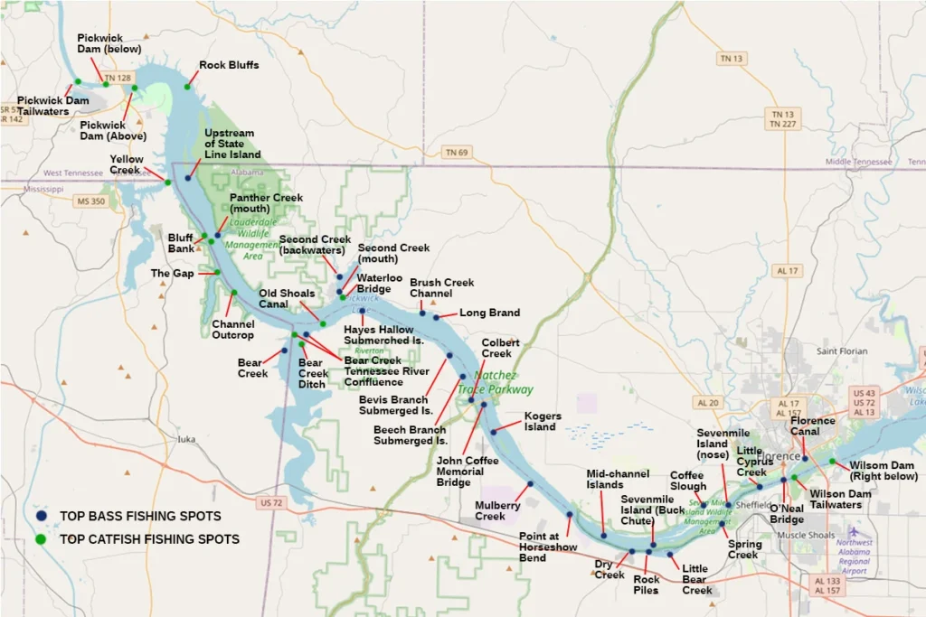Comprehensive fishing map of Pickwick Lake showing top bass and catfish fishing spots from Pickwick Dam to Wilson Dam